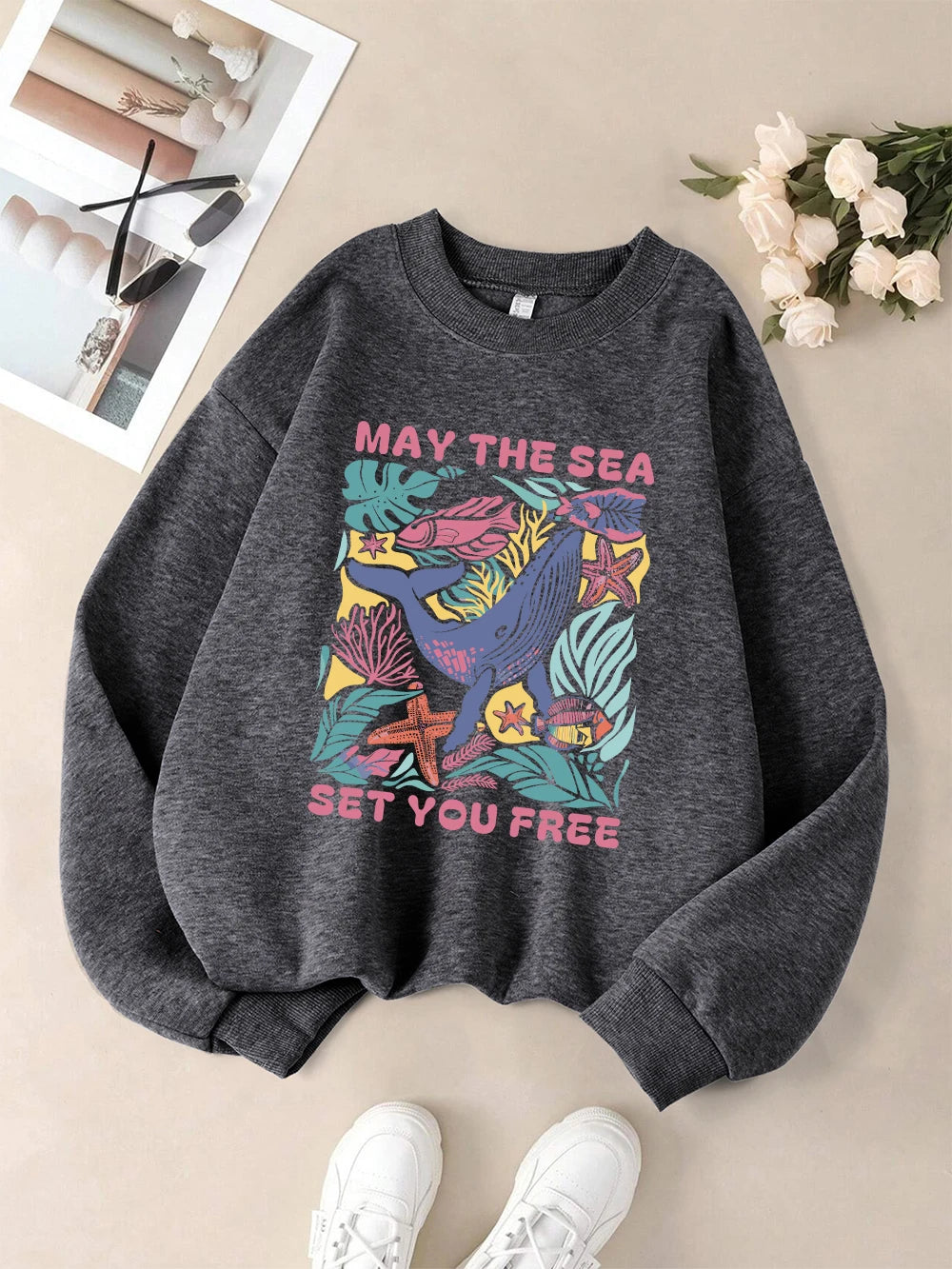 May The Sea Set You Free Printed Sweatshirts Womens Winter Fleece Warm Hoodies Crewneck Loose Pullover Basics Sporty Clothes