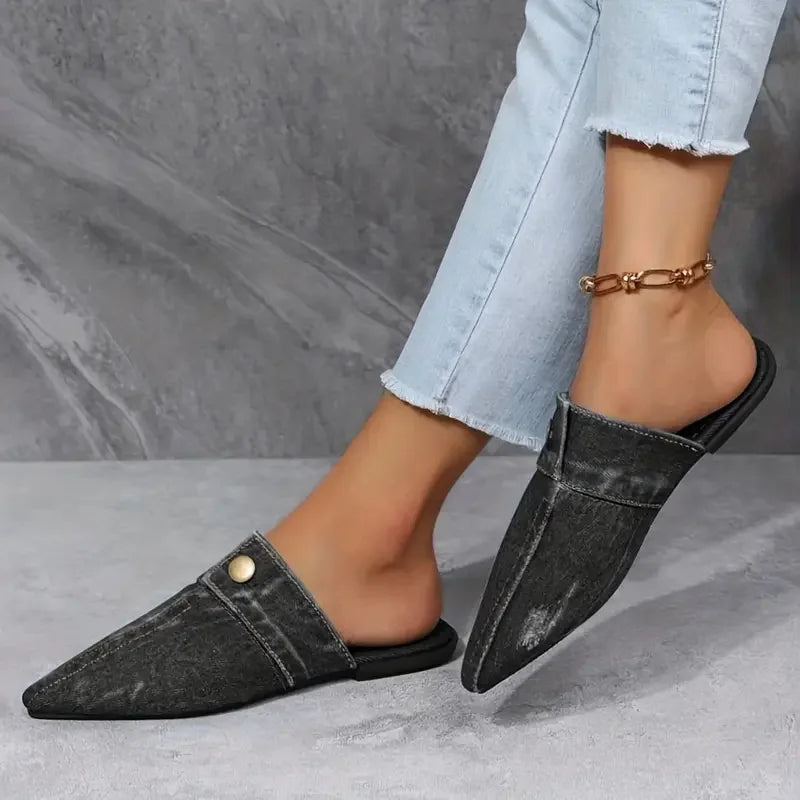 Women Slippers New Pointed Toe Denim Flat Bottom Half Slippers Women Fashion Large Size Sandals Slides Women Zapatos De Mujer
