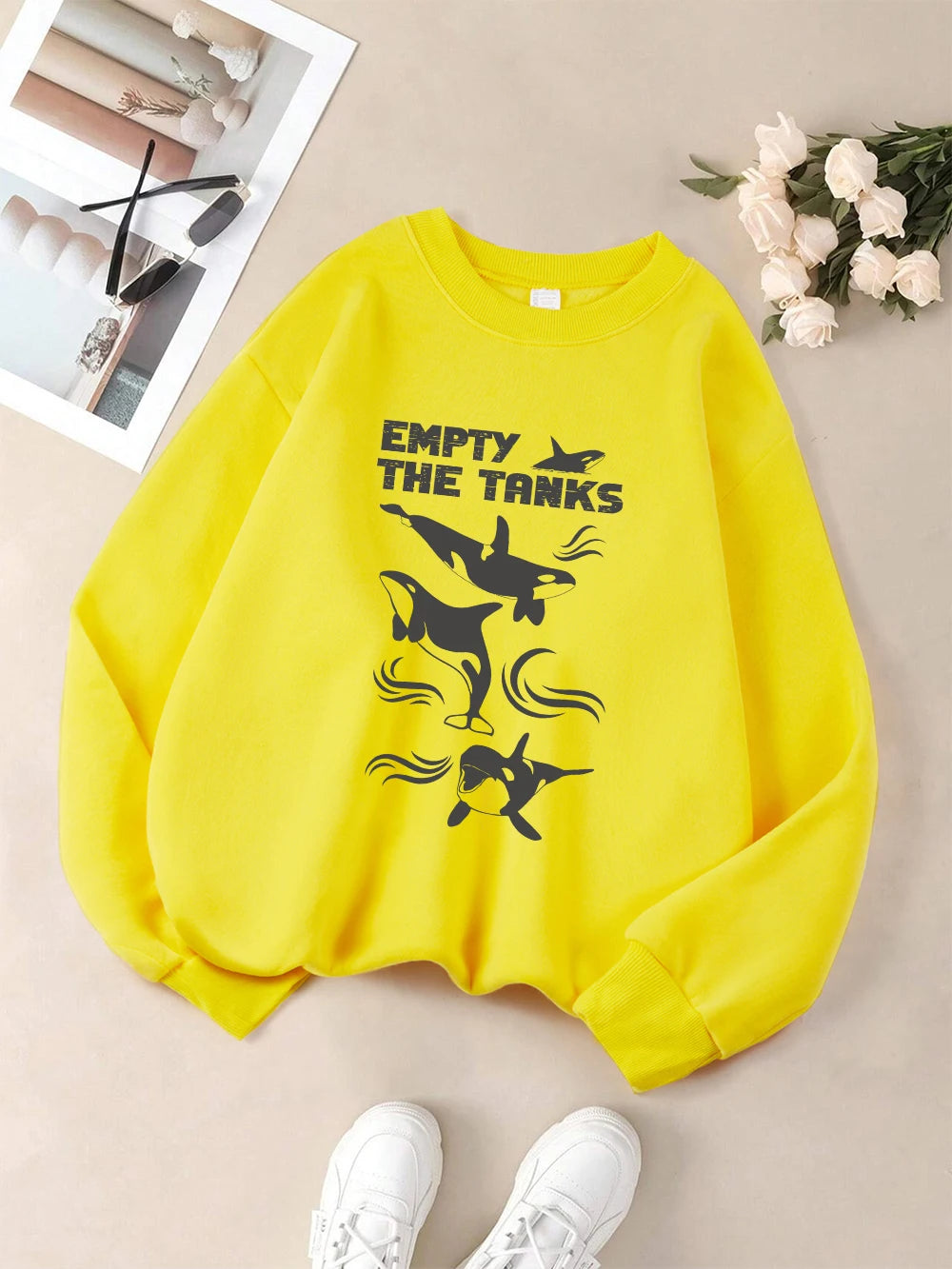 Empty The Tanks Dolphin Printed Sweatshirts Womens Winter Fleece Warm Hoodies Crewneck Loose Pullovers Basics Sporty Clothes