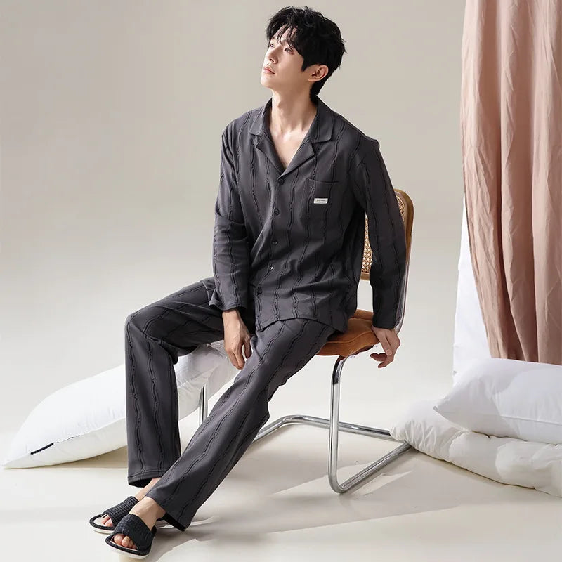 Pajamas Suit Men Pure Cotton Long-sleeved Striped Printed Cardigan Sleepwear Winter Soft Breathable Homewear Men Loungewear Set
