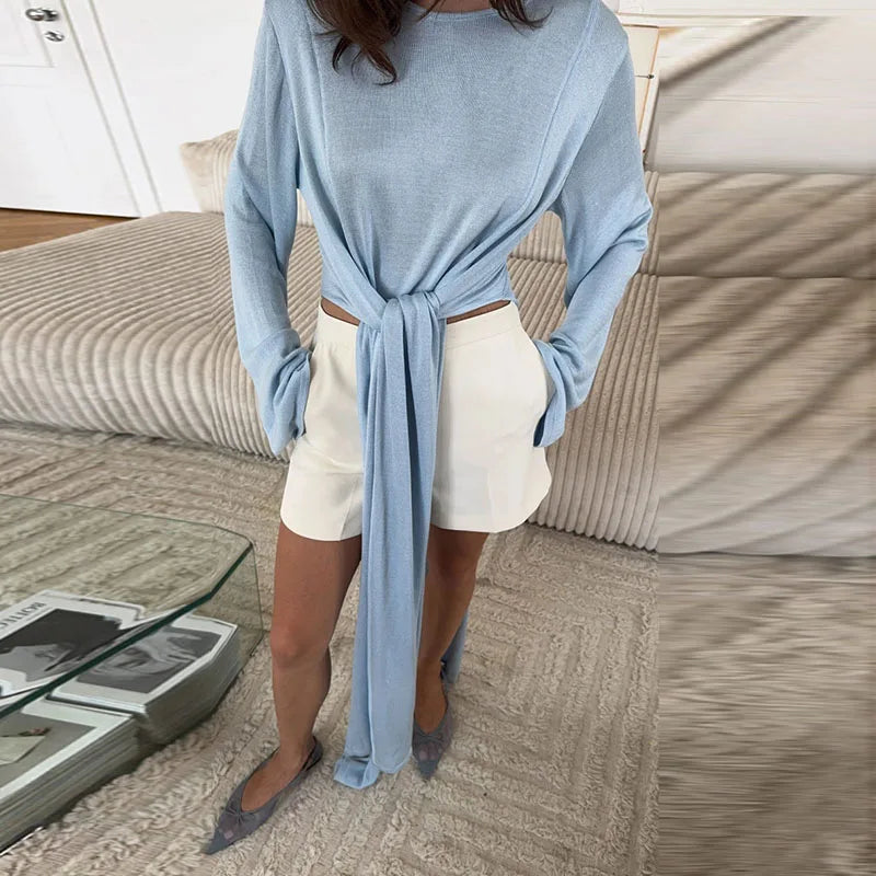 Chic Bow Lace Up Solid Sweater For Women Ribbons O-neck Full Flare Sleeve Tops 2025 Autumn Elegant Female Daily Casual Outerwear