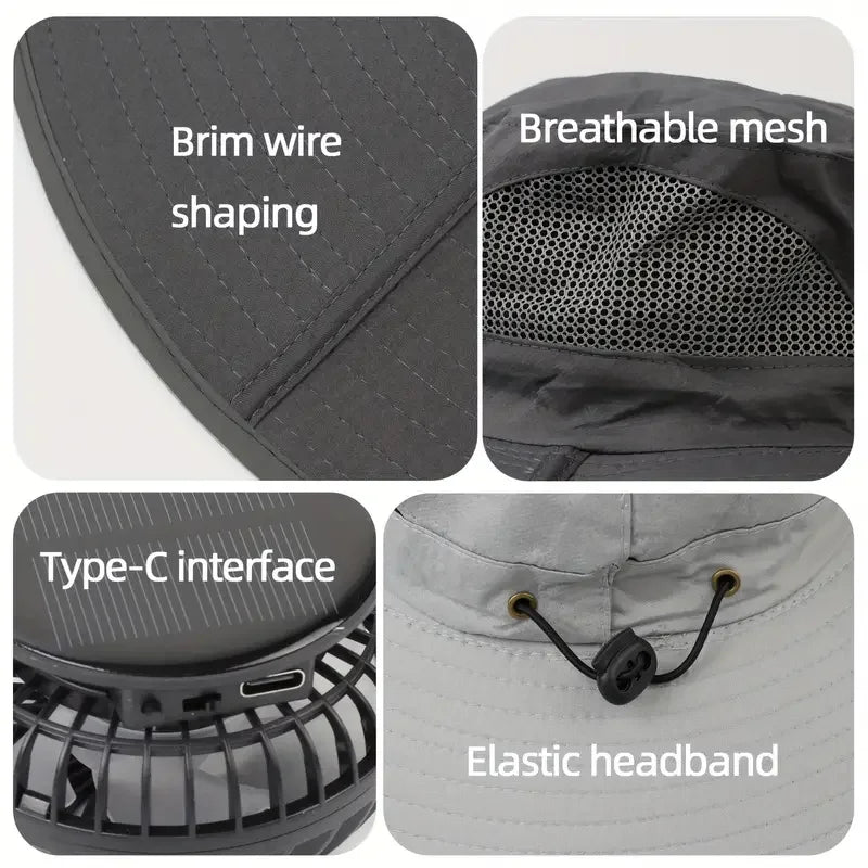 Large Size Quick Dry Bucket Hat with Solar Powered Fan USB Charging Sun Hat for Men Outdoor Hiking Camping Fishing Cooling Wear