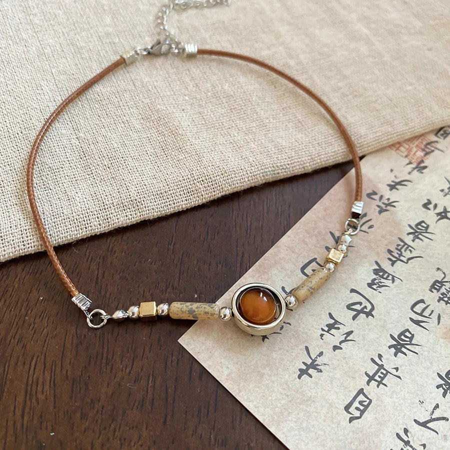 Vintage Ethnic Style Stone Resin Geometric Circular Pendant Bead Necklace Collarbone Chain Choker Aesthetic Jewelry For Women