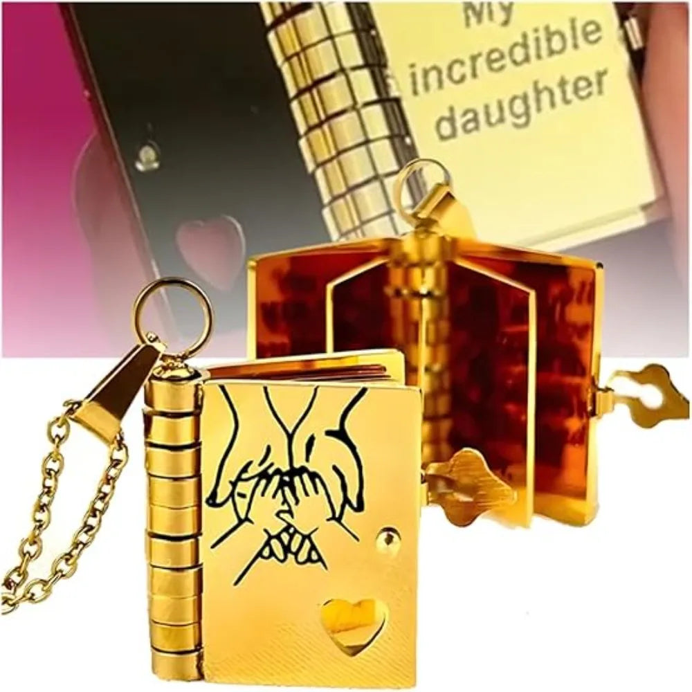 Openable Daughter Book Necklace Stainless Steel Gold Color Message Mini Book Pendant Necklace with Pages of Engraved Information