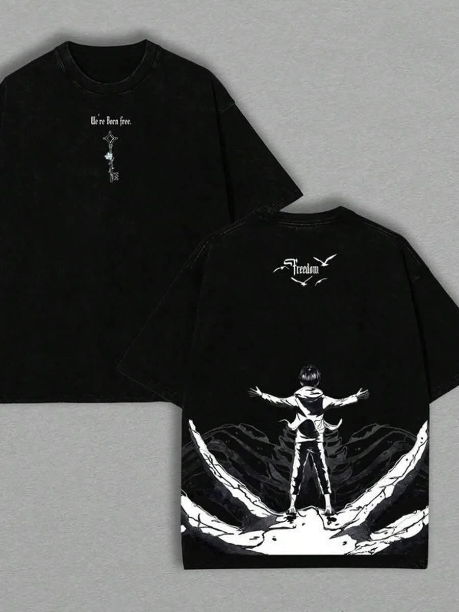 Eren Jaeger Freedom Graphic Tee Attack On Titan Manga Clothing Men Women Cotton T-shirts Retro Washed Tshirt Harajuku T Shirt