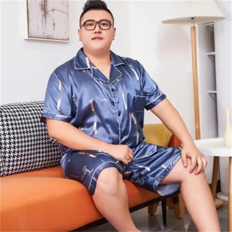 160kg 5XL Plus Size Satin Loose Loungewear Men Short Sleeve Ice Silk Pajama Button Down 2-Piece Pjs Set Sleepwear Home Clothes