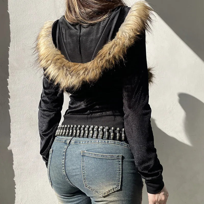 Goth Dark 90s Aesthetic Soft Velvet Zip Sweatshirt Hoodie Cyber Y2K Faux Collar Pocket Hooded Coats Women Slim Streetwear Gothic