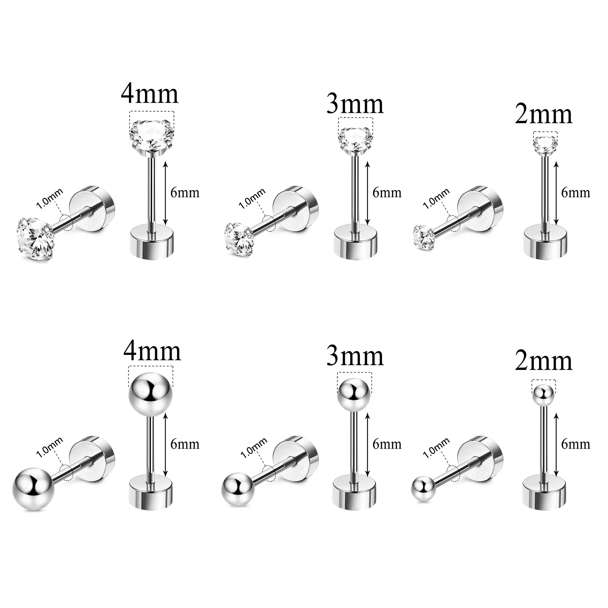 1-6 Pairs 18G Stainless Steel Small Tiny Cubic Zirconia Ball Screw Back Cartilage Helix Piercing Stud Earrings for Women Men