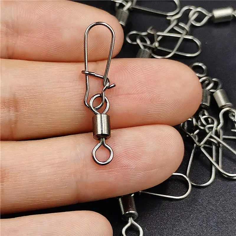 50pcs/lot Fishing Connector  2# 4# 6# 8# 10# Pin Bearing Rolling Swivel Stainless Steel With Snap Fishhook Lure Tackle