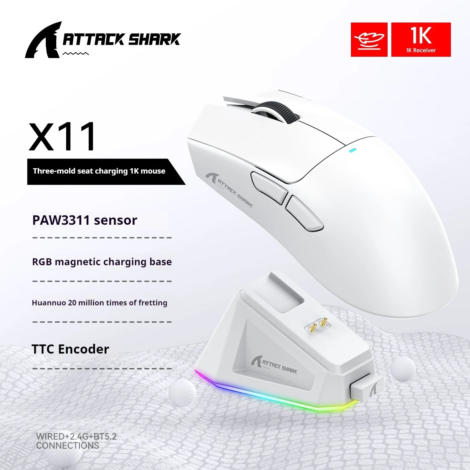 Attack Shark X11 mouse lightweight PAW3311 E-sports game the third mock examination wireless Bluetooth mouse charging RGB bottom