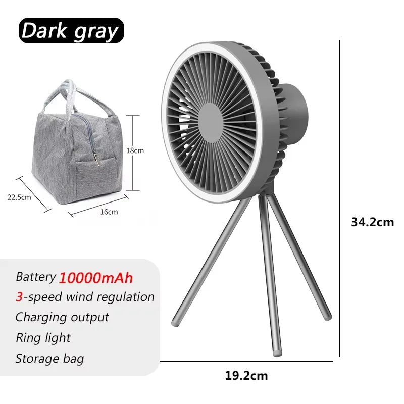 10000mAh Camping Fan Rechargeable Desktop Portable Circulator Wireless Ceiling Electric Fan with Power Bank LED Lighting