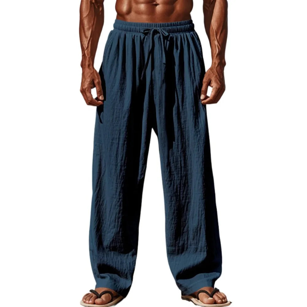 Spring Summer Thin Cotton Linen Loose Pants for Men Casual Elastic Waistband Solid Color Trousers Plus Size Beach Pants Man