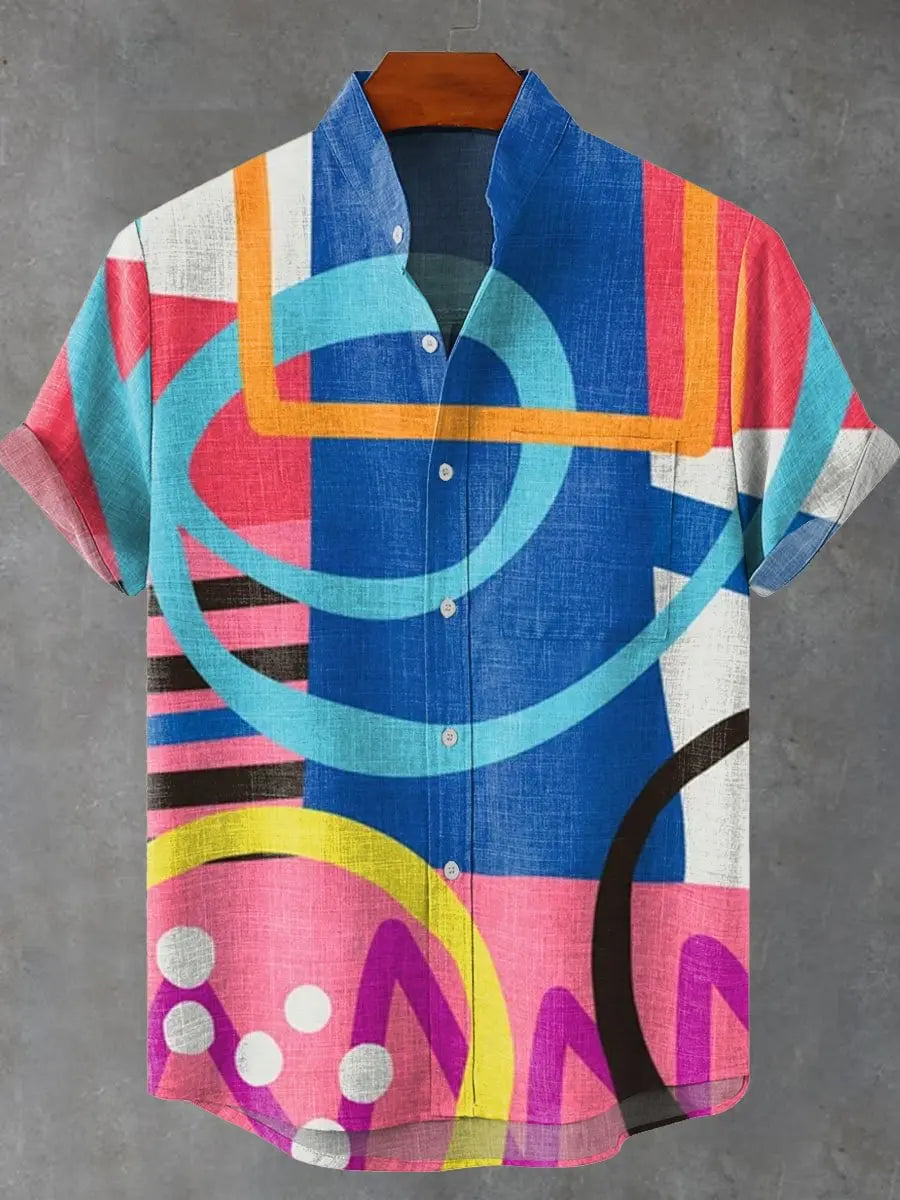 Men's summer casual fashion graffiti hip-hop style pattern linen short sleeved shirt high-quality button top
