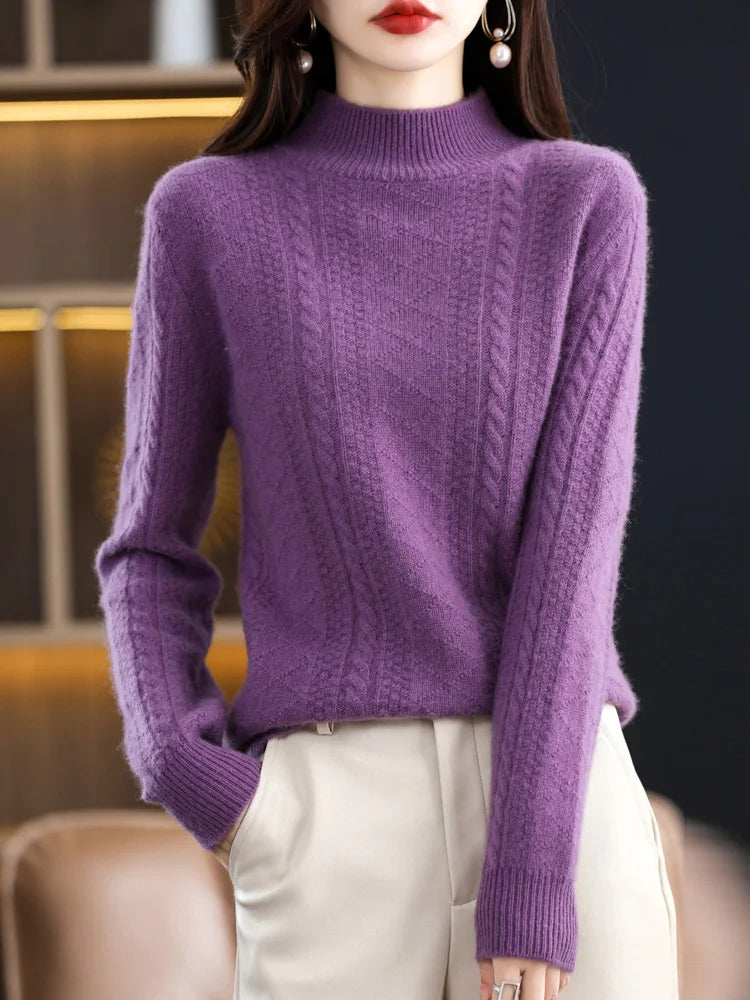 Chic Autumn Winter Soft Sophisticated Sweater Women's Mock Neck Pullover 100% Merino Wool Knitwear Solid Color Casual Tops